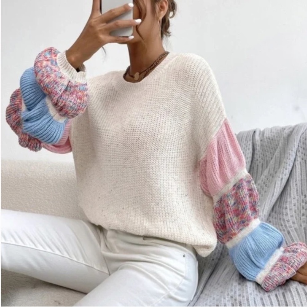 Cozy Color Block Puff Sleeve Sweater Top